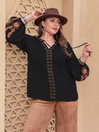 Plus Size Bohemian Embroidered Long Sleeve Blouse