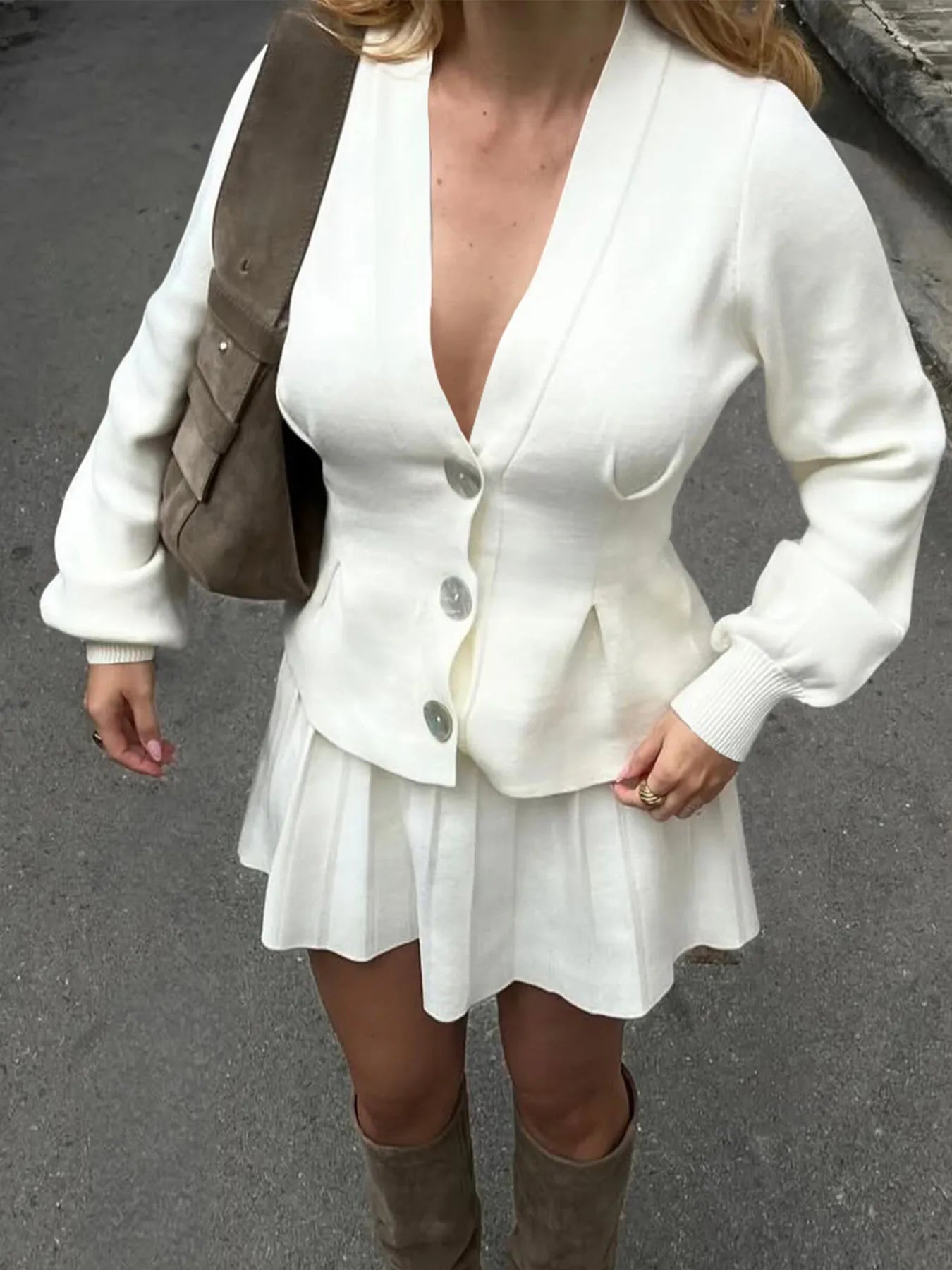 Women's Cardigan Knit Ruffled V-Neck Button-Up Long Sleeve White b98cc377d36e482b973365b15b3f2d39-Max-Origin Trendsi