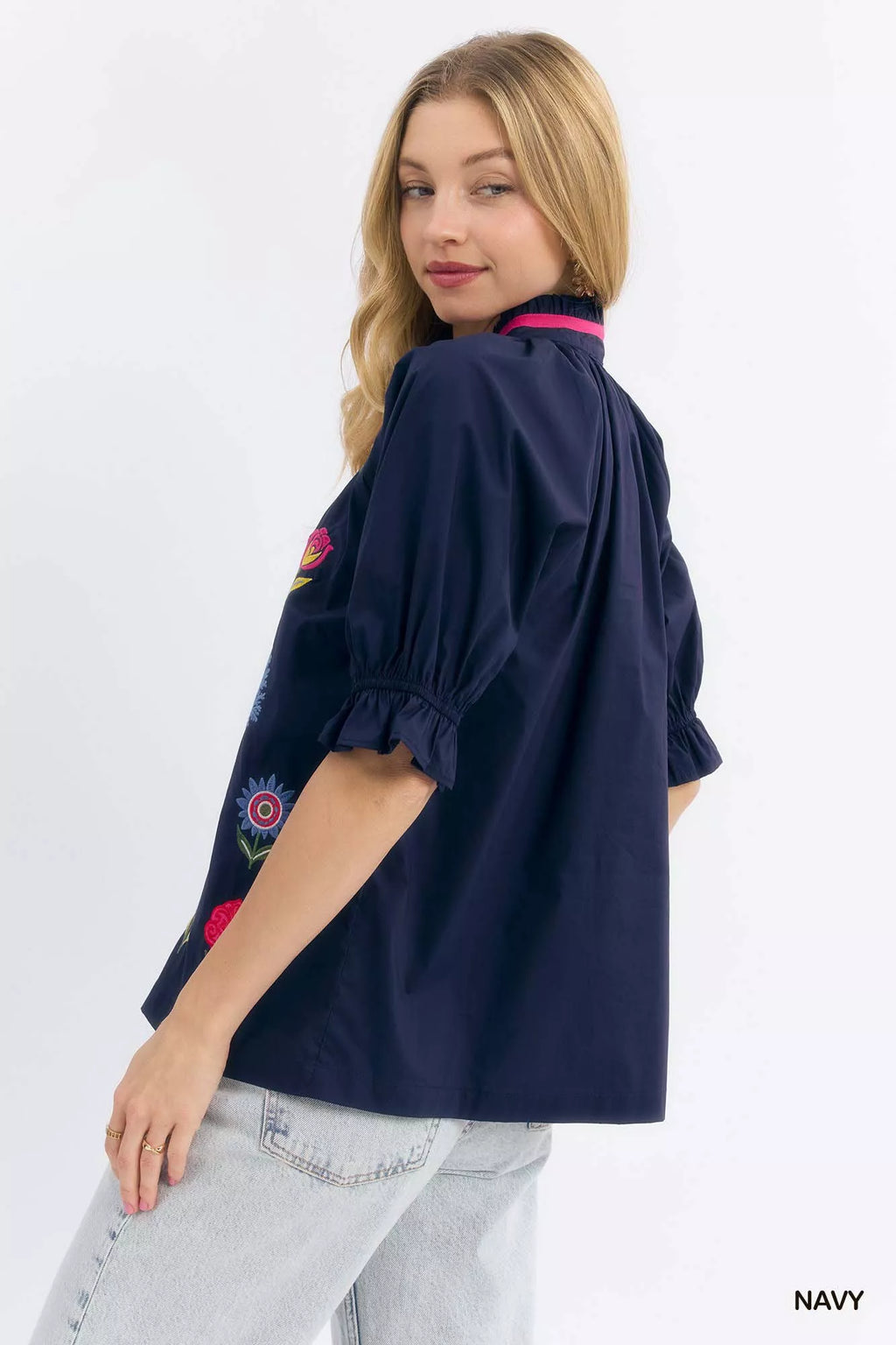 Umgee Womens Blouse Navy Blue Embroidered Floral Top with Contrast Trim b997ec12-268c-4b75-86a7-c5454bd5ee64-Max-Origin Trendsi