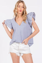 Ces Femme Striped Blouse V-Neck Ruffled Cap Short Sleeve Blue Top b9a21aa2-d88c-4aab-83f5-c58e626b5d86-Min Trendsi