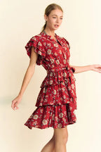 Davi & Dani Ruffle Mini Dress Rust Floral Flutter Short Sleeve Tie Belt Tiered b9acb3d5727046c381e35d40035dda15-Max-Origin Trendsi