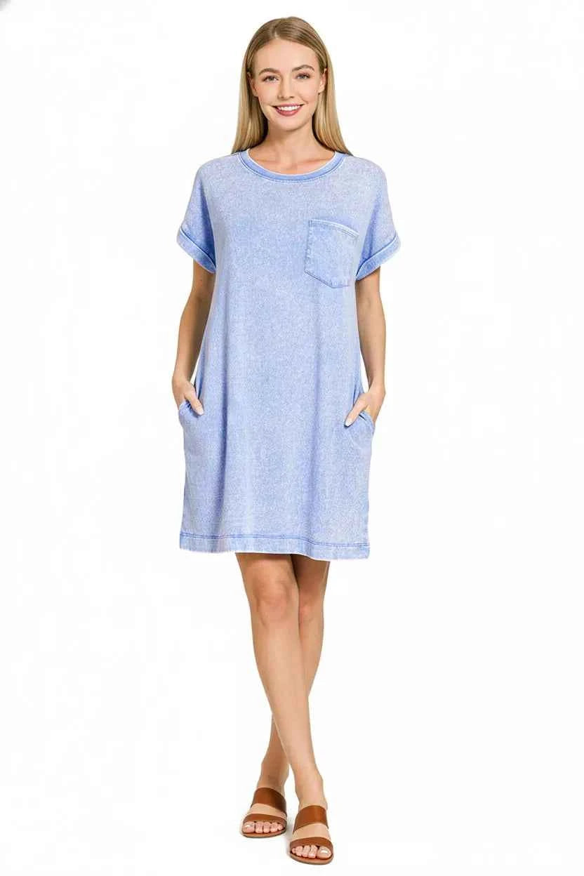 Zenana Premium T-Shirt Dress Blue Cotton Washed Short Sleeve with Pocket b9b06cd4-b78b-435b-a91d-fcacd1f40dcb-Max-Origin Trendsi