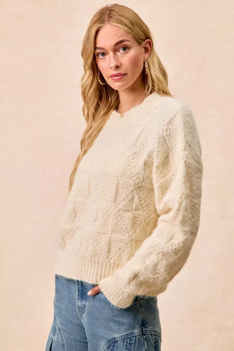 BiBi Womens Sweater Checker Ivory Board Drop Shoulder Knit Pullover b9b19584a5a04216aa7f75192f3a30ed-Max-Origin Trendsi