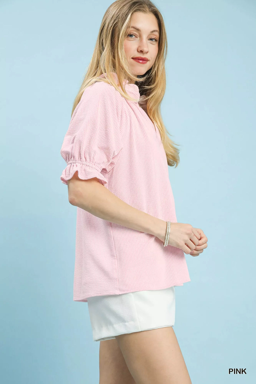 Umgee Blouse Textured Pink Ruffle Sleeve V-Neck Short Sleeve Top b9bde93e-1444-49aa-b264-582060504918-Max-Origin Trendsi
