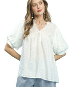 Umgee Textured Lace Trim V-Neck Boho Blouse with Flutter Sleeves