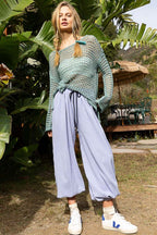 POL Knit Top Openwork Dusky Teal Side Slit Long Sleeve Cover Up b9c2070f-6da0-4afa-9f9d-a64043a21328-Max Trendsi