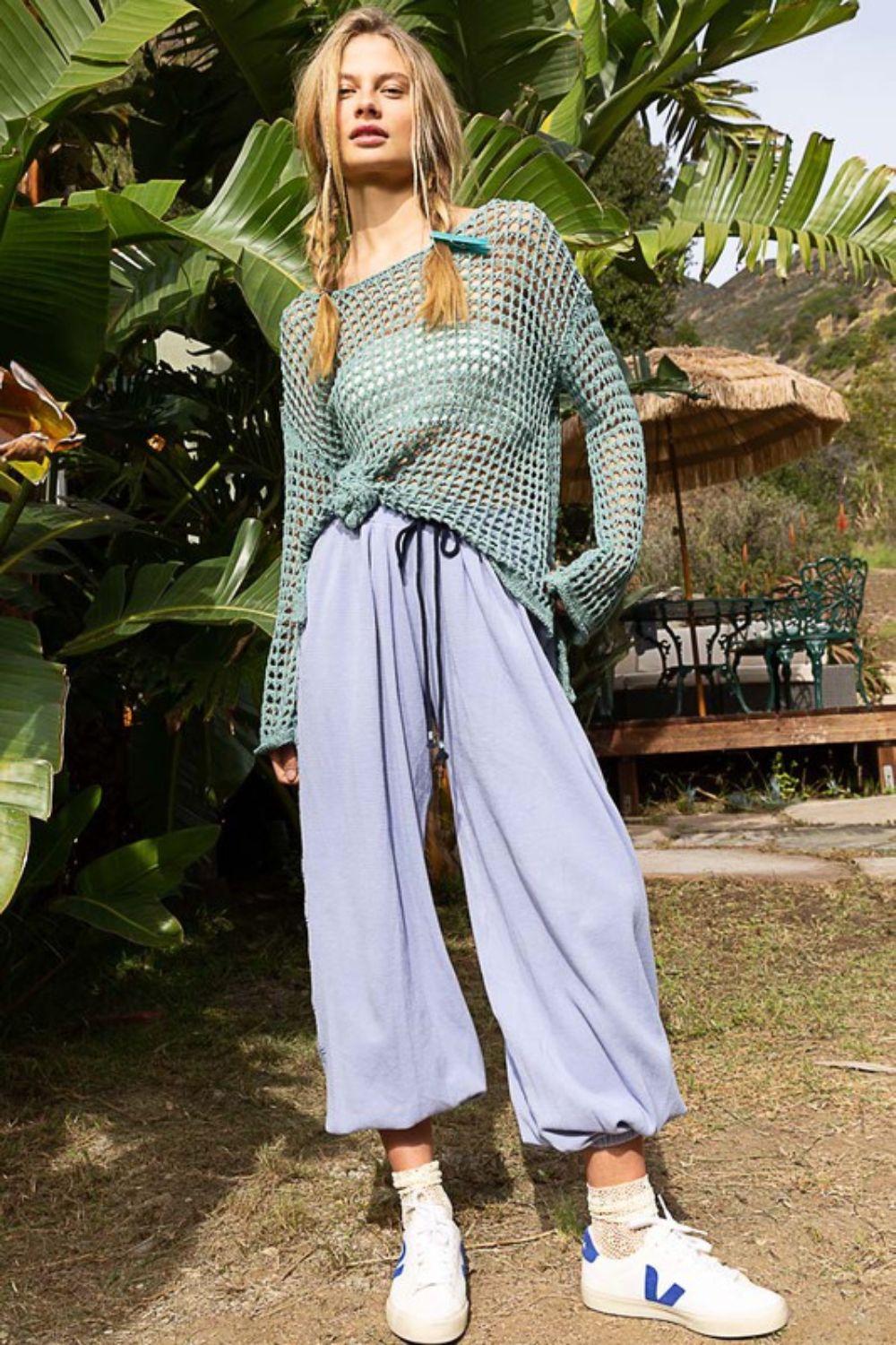 POL Knit Top Openwork Dusky Teal Side Slit Long Sleeve Cover Up b9c2070f-6da0-4afa-9f9d-a64043a21328-Max Trendsi