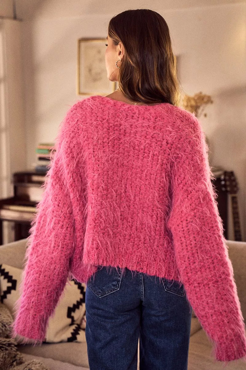 SO ME Womens Cardigan Pink Soft Touch Hairy Loose Fit Cozy Sweater b9d39ed9f61046d0b5a81008df26303b-Max-Origin Trendsi
