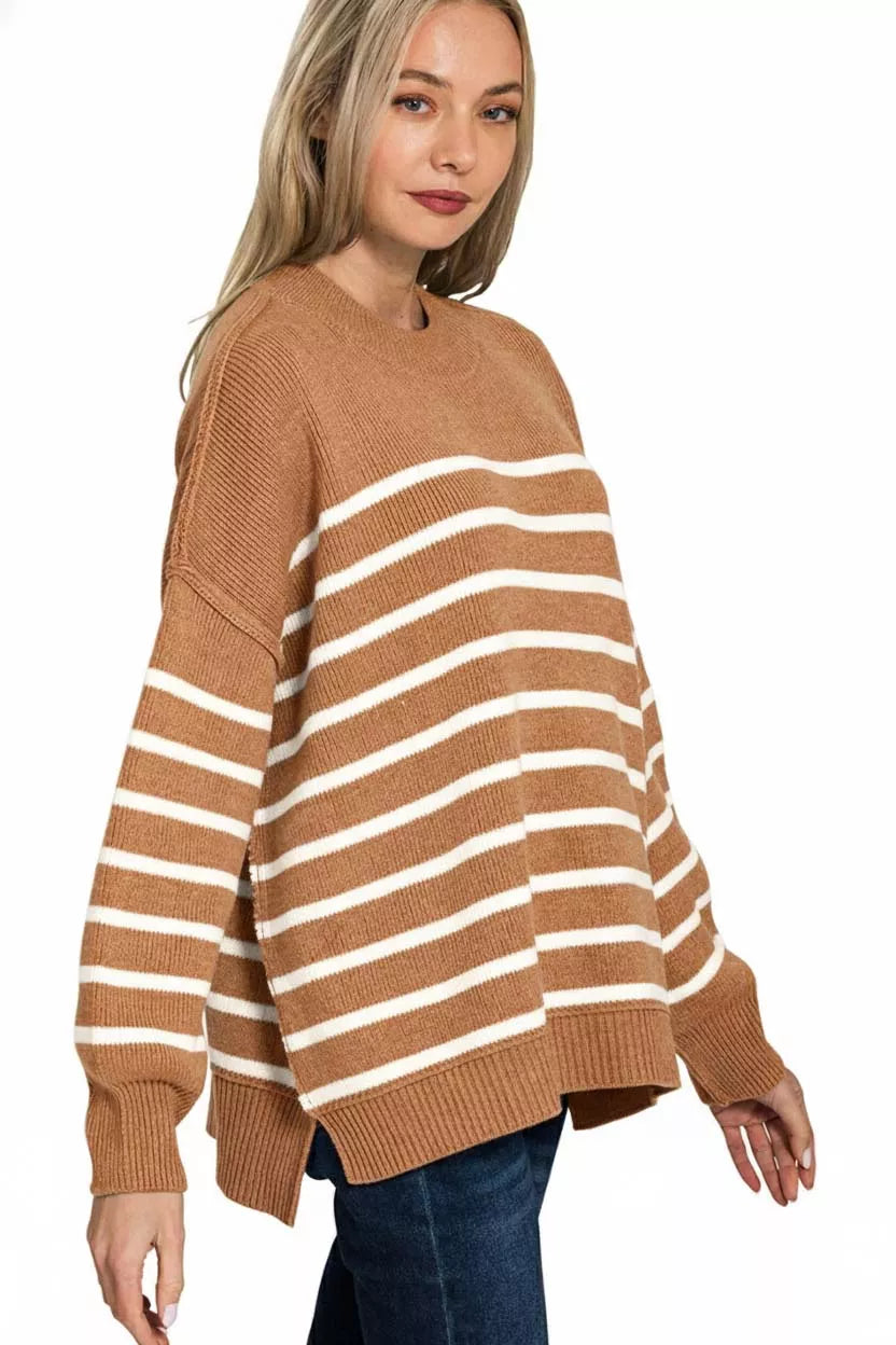 Zenana Oversized Sweater Womens Striped Camel Exposed Seam b9d45b1b-d952-4faa-9f79-9667dcf8f311-Max-Origin Trendsi