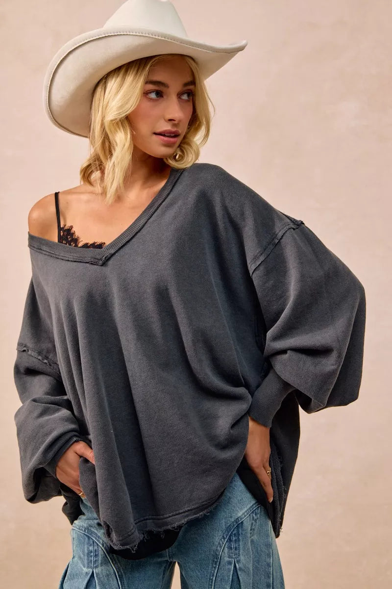 BiBi Womens Sweatshirt Ash Black Mineral Washed French Terry Oversized Top b9d96ed643d743c3908892c4bd22f935-Max-Origin Trendsi