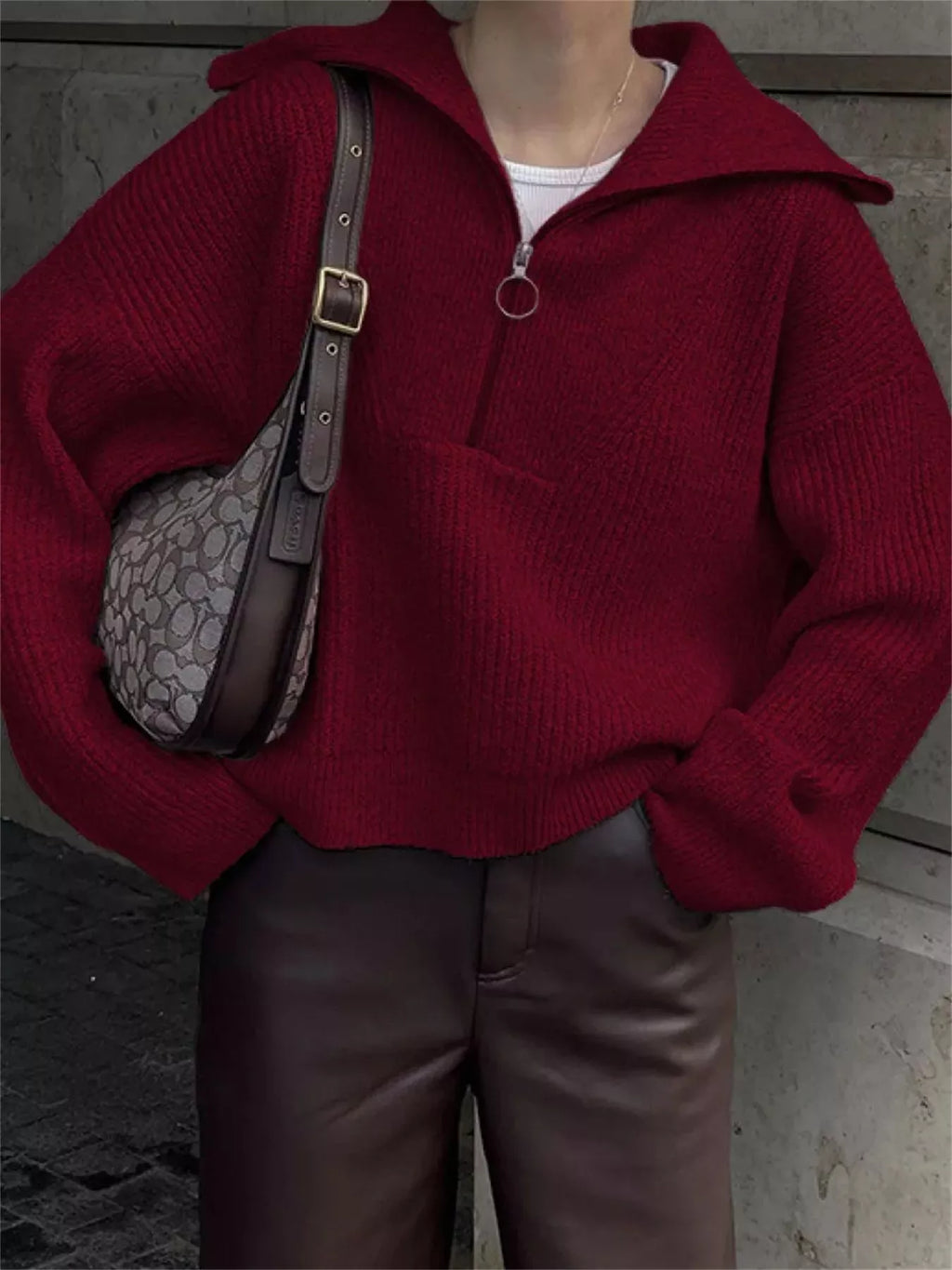 Women's Sweater Half Zip Dropped Shoulder Knit Loose Pullover Burgundy One Size b9f59c3a-e305-49e4-b9c1-4abd024d3415-Max-Origin Trendsi