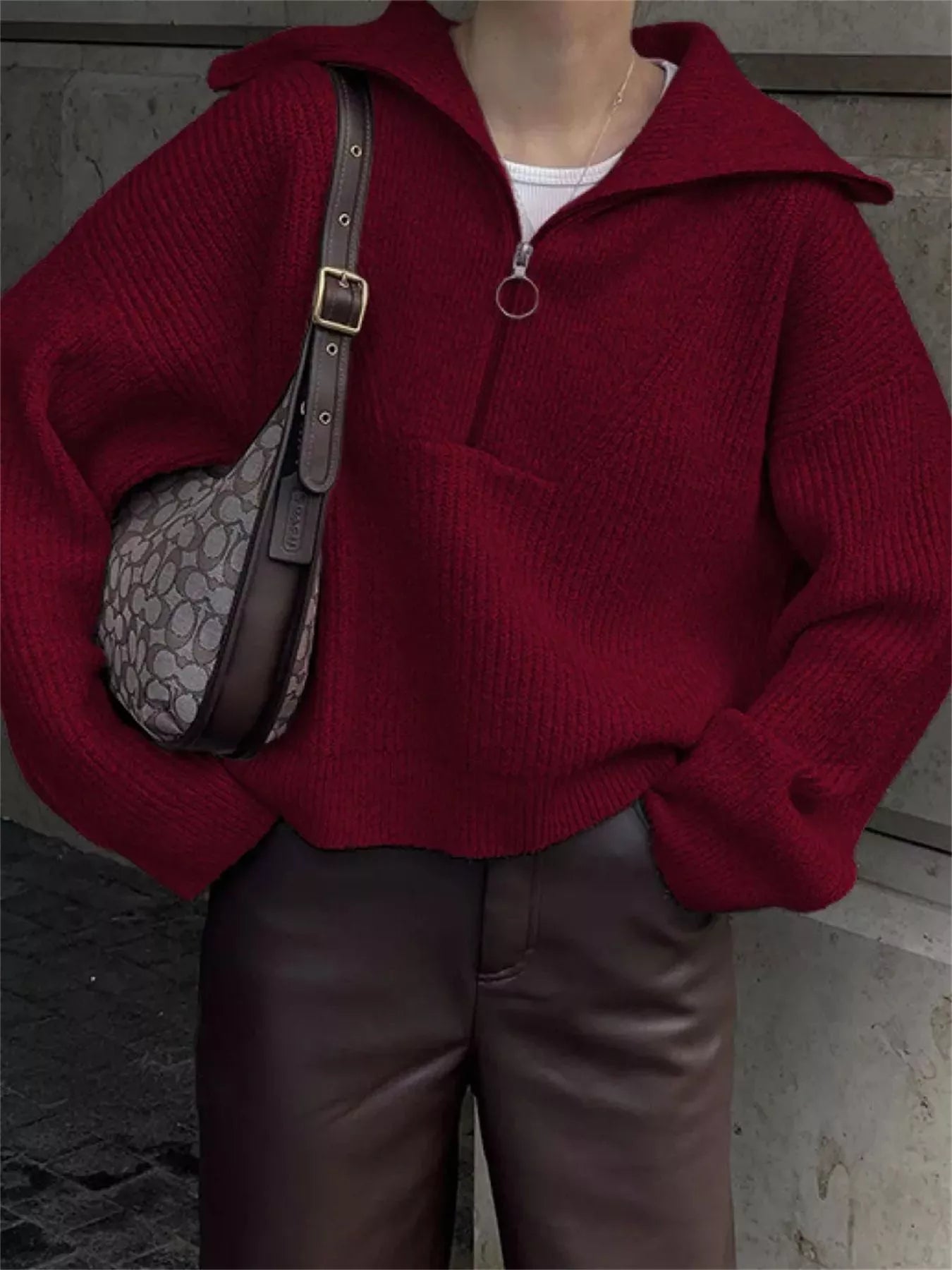 Women's Sweater Half Zip Dropped Shoulder Knit Loose Pullover Burgundy One Size b9f59c3a-e305-49e4-b9c1-4abd024d3415-Max-Origin Trendsi