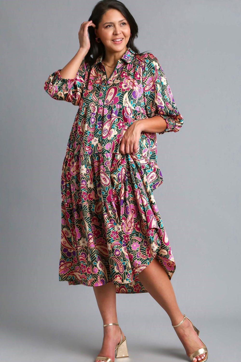 Umgee Satin Midi Dress Colorful Paisley Print Tiered Short Sleeve b9ffbbd7-2723-40d8-9957-27acdadc9301-Max Trendsi