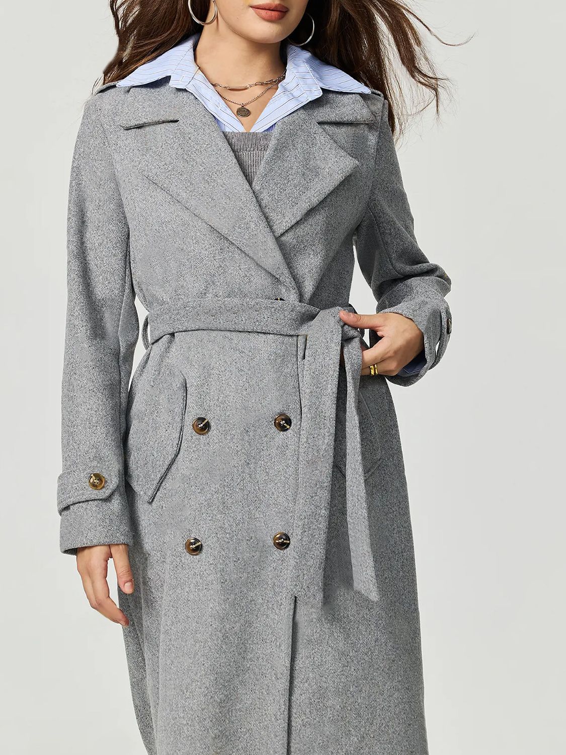 Women Gray Longline Trench Coat Collared Neck Long Sleeve Belted Pocketed