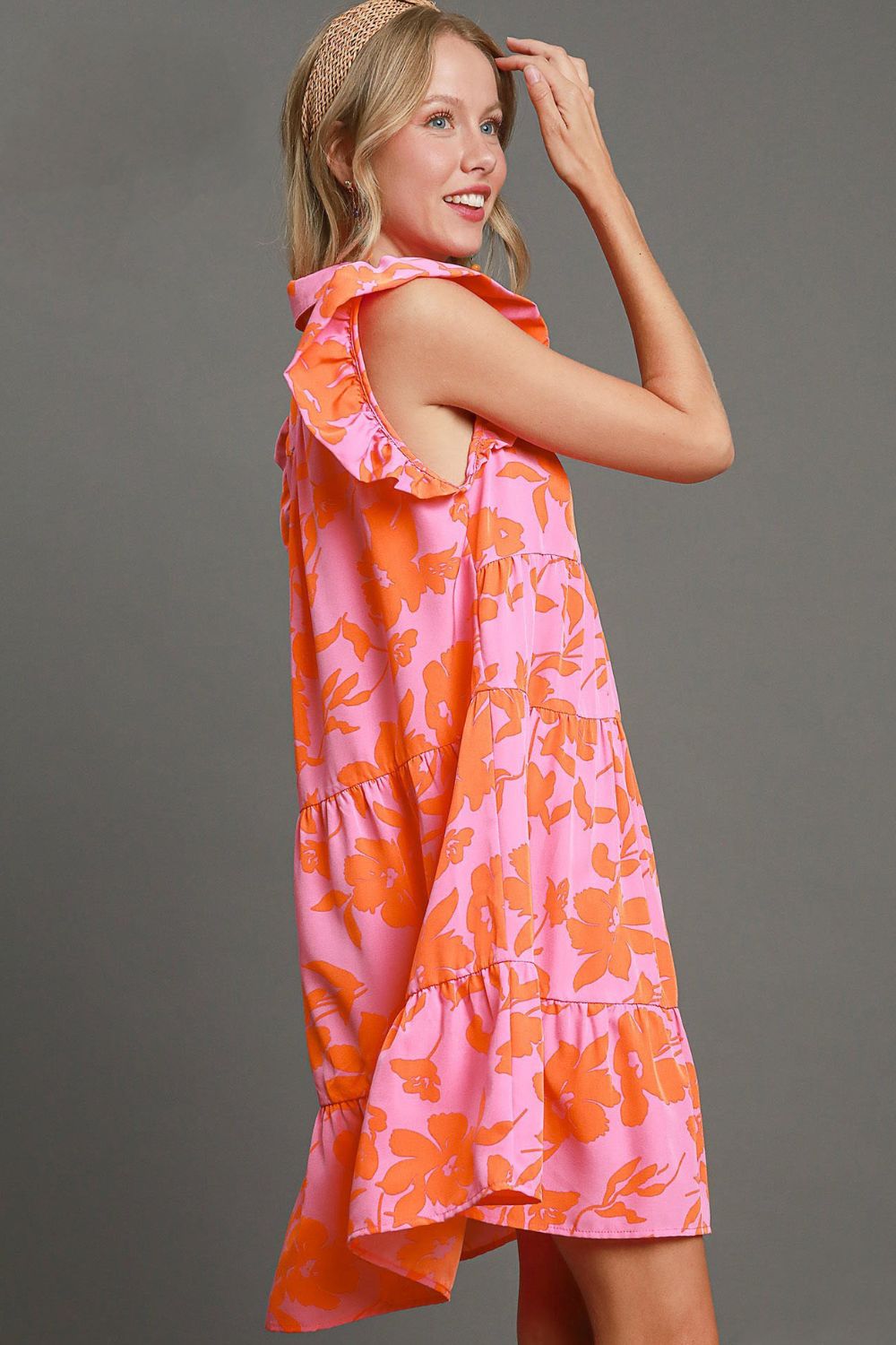Umgee Mini Dress Floral Pink Orange Print Ruffle Cap Short Sleeve Tiered ba083a7e-3e06-4381-9374-d9ec8b57fe1a-Max Trendsi