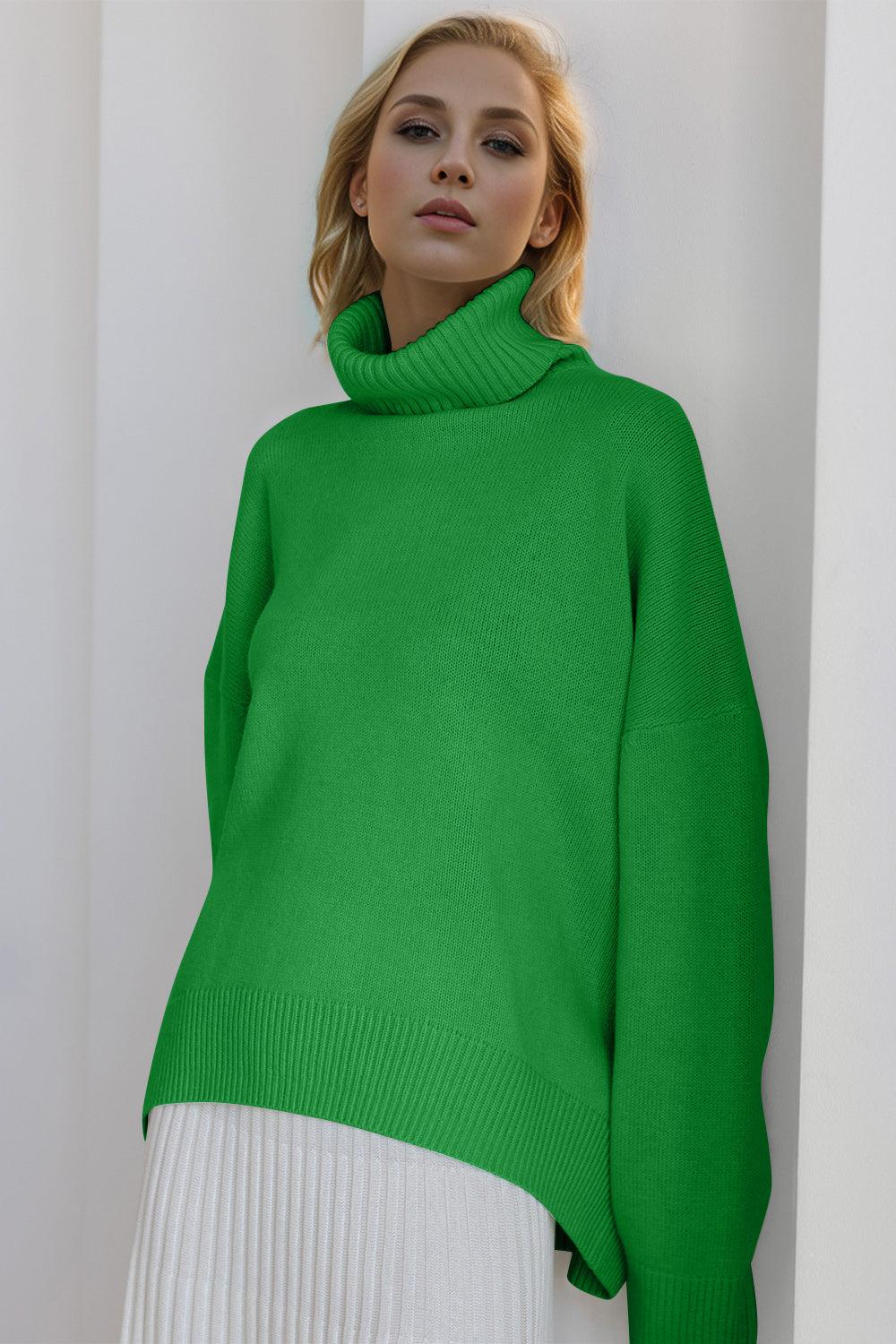 Basic Bae Turtleneck Sweater Viscose Long Sleeve Oversized Knitwear Green One Size
