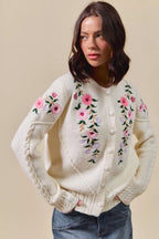SO ME Women's Sweater Cardigan Floral Embroidered Coquette Ivory Cable-Knit ba11fddd94454e1cb86c433c31b9996c-Max-Origin Trendsi