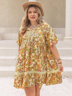 Plus Size Printed Tie-Neck Short Sleeve Mini Dress