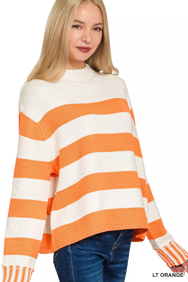 Zenana Ribbed Striped Mock Neck Sweater ba18e8fab0f449ae80aaff1c962dbce8-Max-Origin Trendsi
