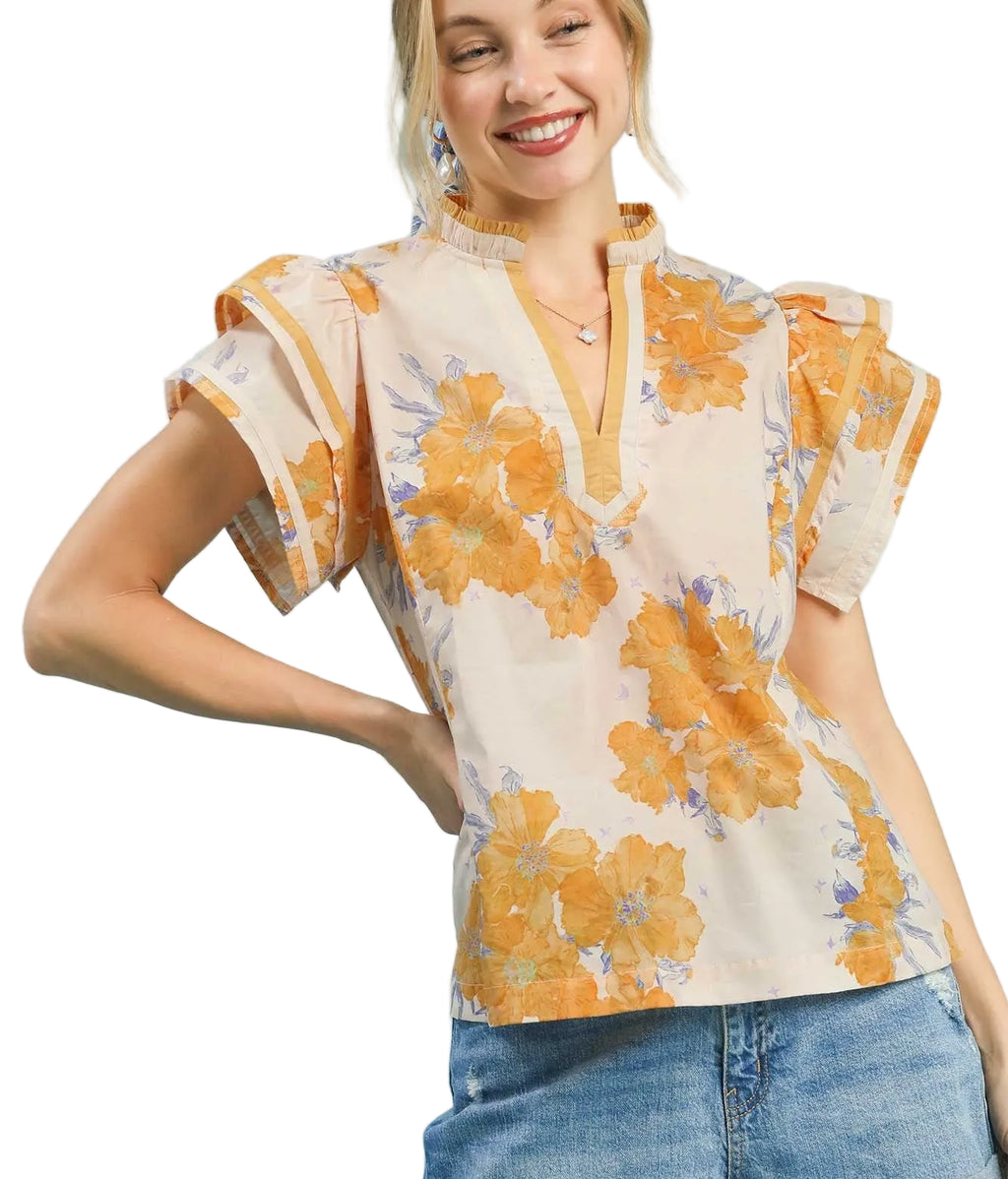 Umgee Mixed Floral Ruffle Sleeve Blouse