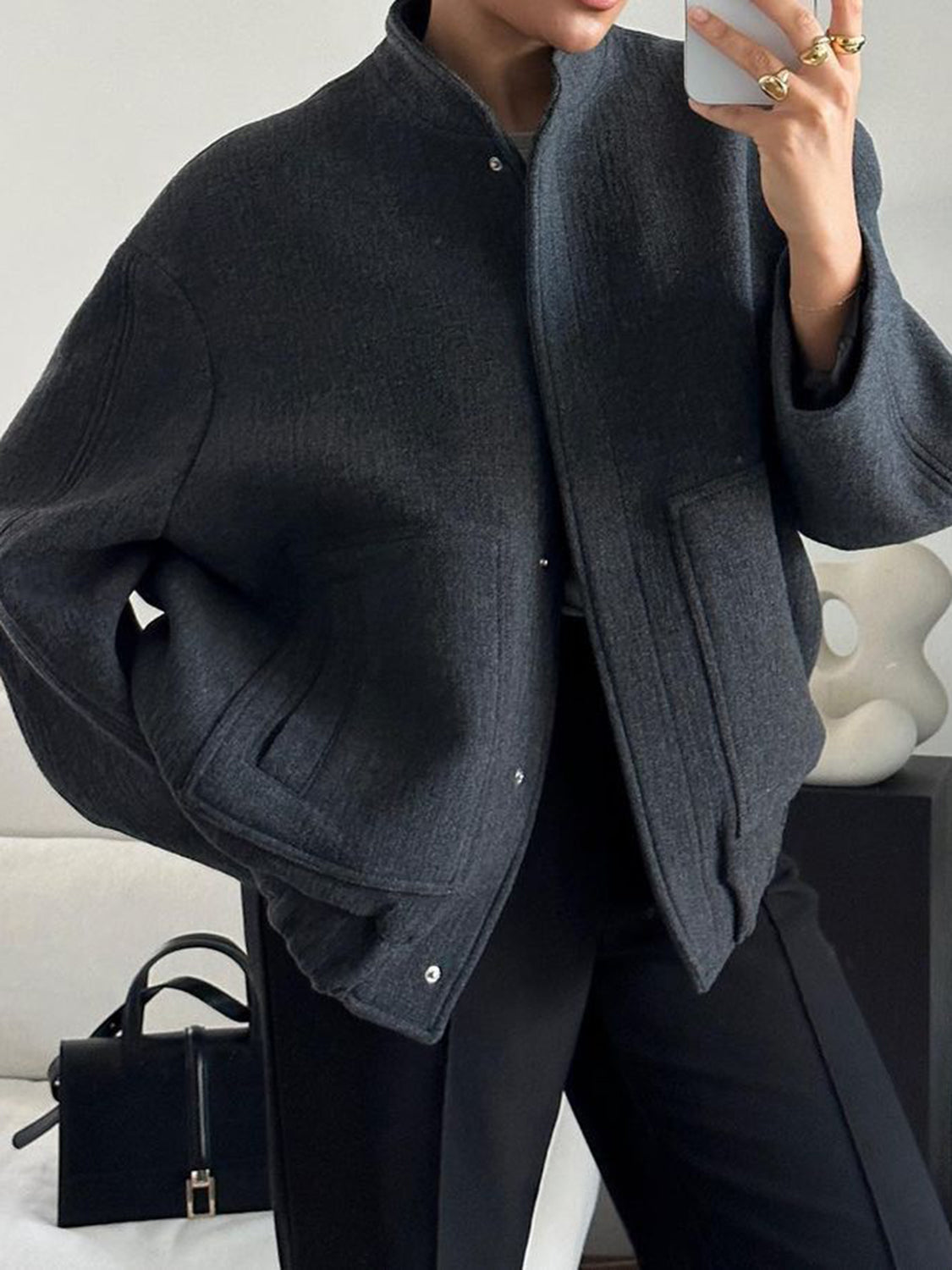 Women Jacket Snap Collared Long Sleeve Elastic Hem Oversized Pocketed Black ba2e06b9-95da-4a3b-82ce-c208adfa2072-Max Trendsi