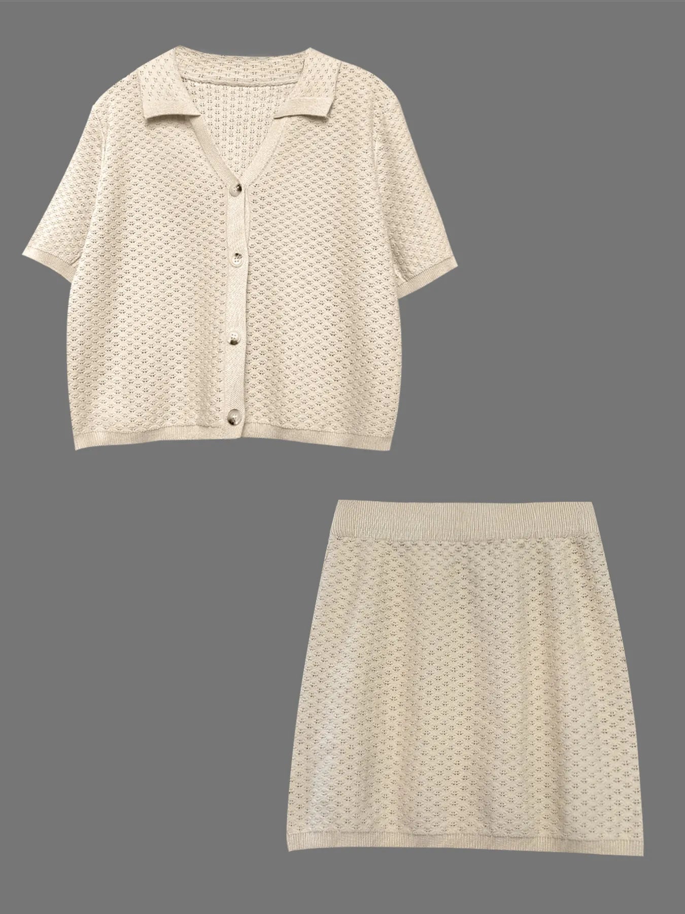 Women's Sweater Set Openwork Knit Button Up Short Sleeve Top and Mini Skirt ba2fe9f07af54342bf1bfc35117fa6e6-Max-Origin Trendsi