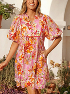 Freizeit-Minikleid mit Blumenmuster, gestreift, Baumwolle, Rüschen, kurze Ärmel mit Taschen