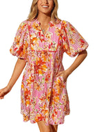 Floral Print Striped Casual Mini Dress with Pockets, 100% Cotton, Non-Stretch, Machine Washable