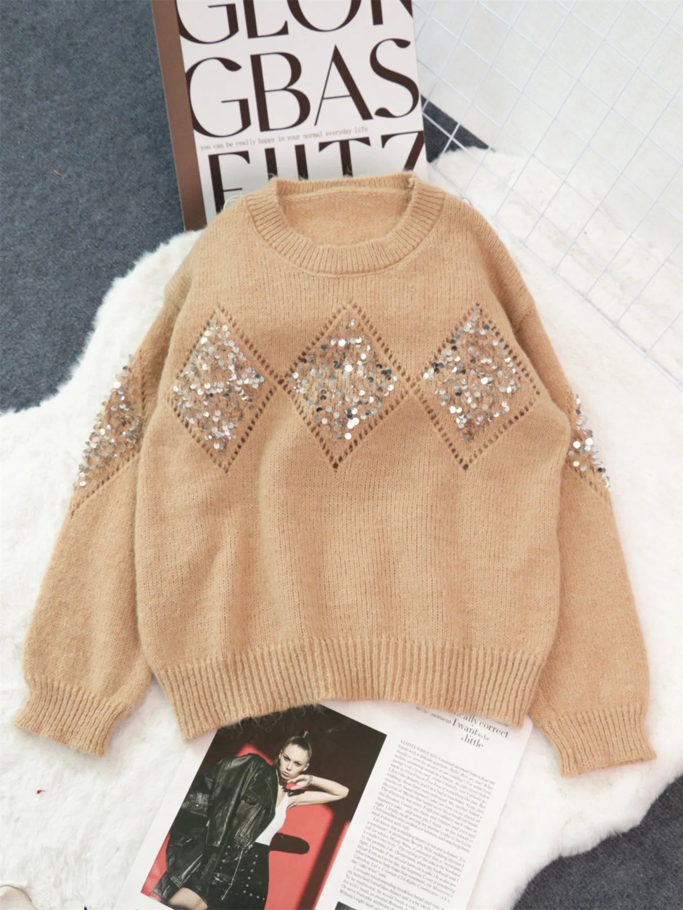 Women's Sweater Sequined Diamond Pattern Oversized Knitwear Khaki One Size ba3dddcda354437cb07ae437f9f4079d-Max-Origin Trendsi