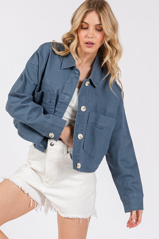 Bytos USA Denim Jacket French Blue Cropped Women Cotton with Patch Pockets