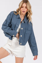 Bytos USA Denim Jacket French Blue Cropped Women Cotton with Patch Pockets ba425896-8f9d-42b6-b094-948ba7160624-Max Trendsi