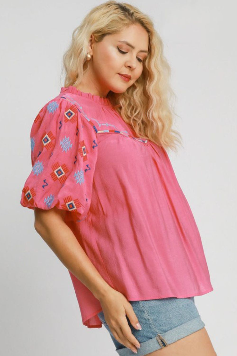 Umgee Blouse Hot Pink Embroidered Puff Sleeve Mock Neck Top ba470f8f-2edb-4c69-81ae-84636a1f4a34-Max Trendsi
