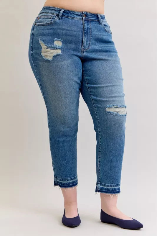 Judy Blue Jeans Boyfriend Patch & Repair Destroy Release Hem Mid Rise Plus Sizes ba48104e-4af2-408d-95c0-00efcf54b8d0-Max-Origin Trendsi