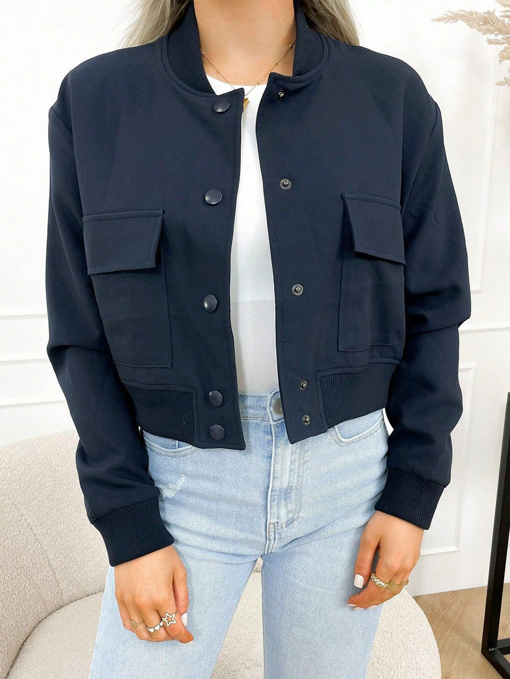 Women Baseball Cropped Jacket Pocketed Solid Snap Collared Long Sleeve ba4bcb0c-3fe9-4632-b683-eb9836e3303d-Max Trendsi