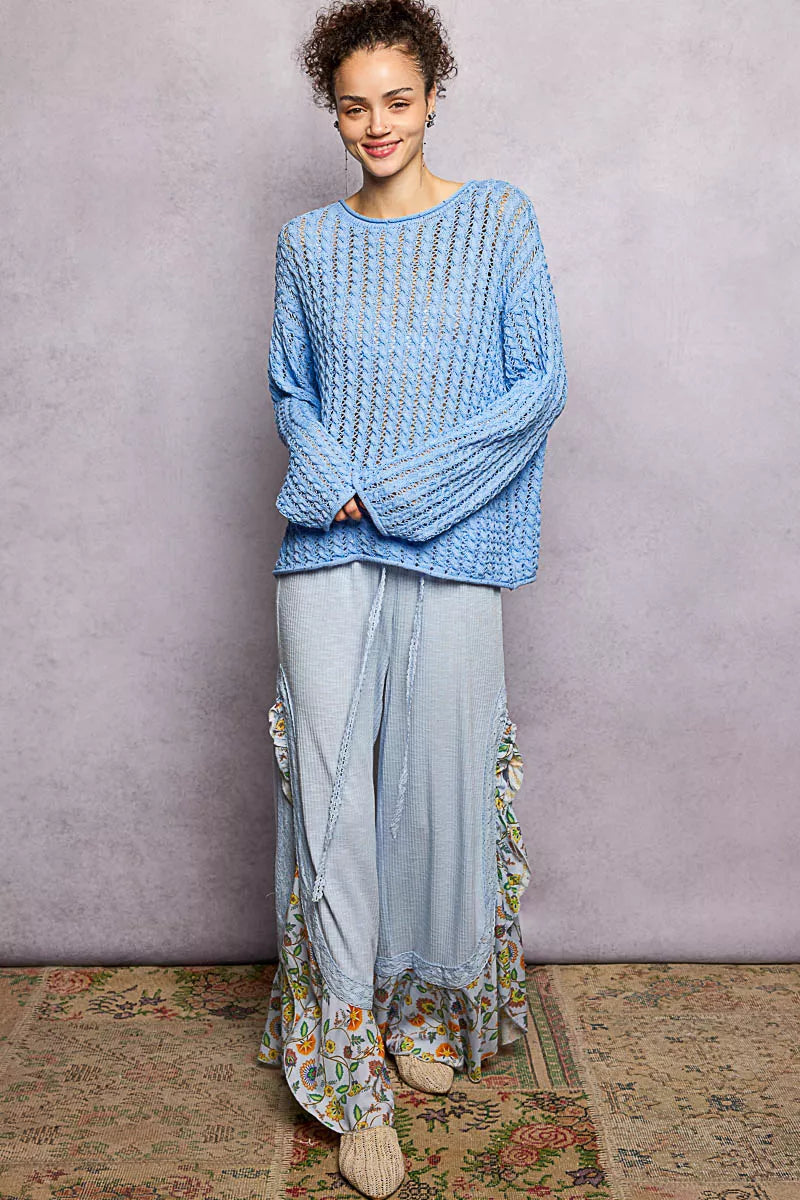 POL Womens Knit Top Blue Openwork Round Neck with Shiny Detail Long Sleeve ba4f0680-94ea-4295-9889-d776acac0ec8-Max-Origin Trendsi