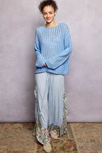 POL Womens Knit Top Blue Openwork Round Neck with Shiny Detail Long Sleeve ba4f0680-94ea-4295-9889-d776acac0ec8-Max-Origin Trendsi