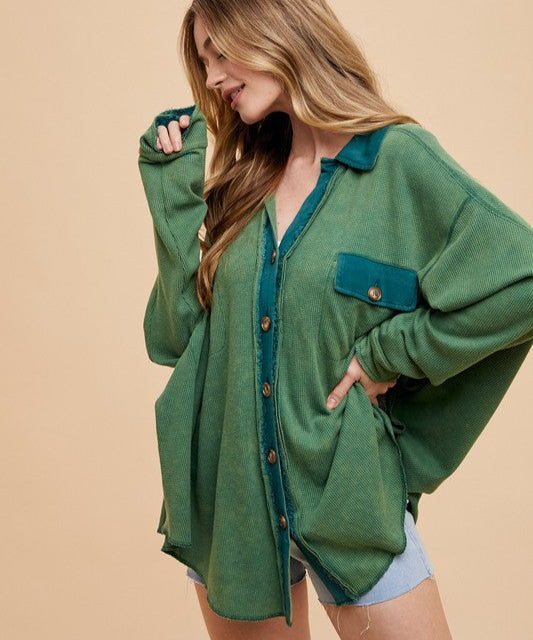 Women's Shirt Waffle-Knit Mineral Washed Button Down - Dark Green Annie Wear USA Dark Green ba5cefb2-bd7a-4ea7-8a4f-b6ff04afc2d1-Max Trendsi