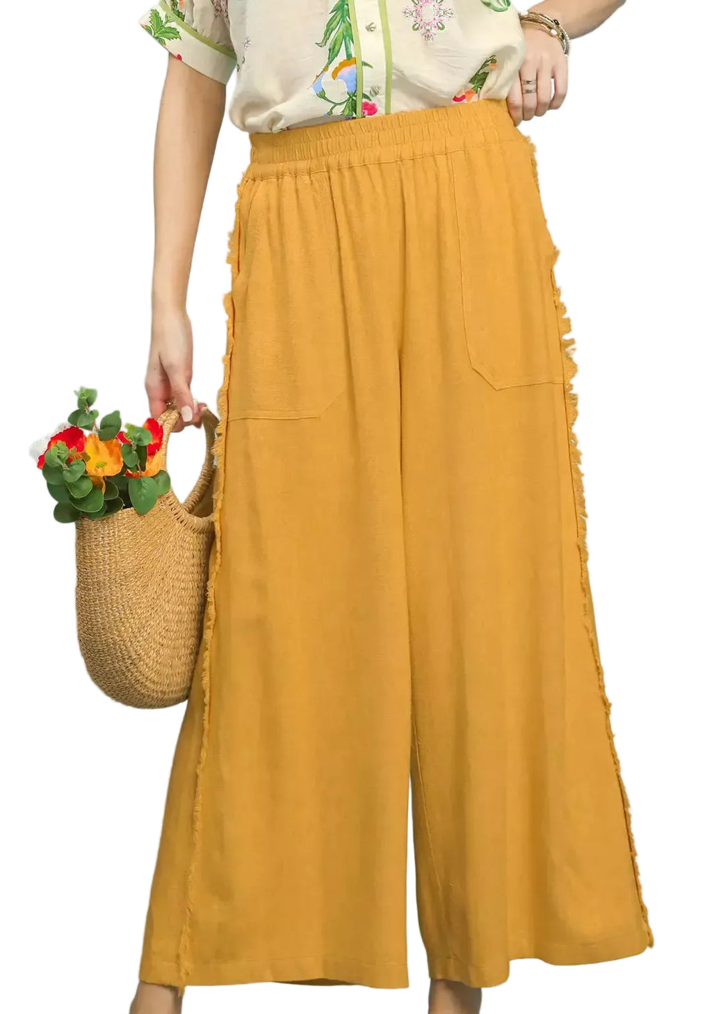 Umgee Linen Frayed Side Pocket Wide Leg Pants