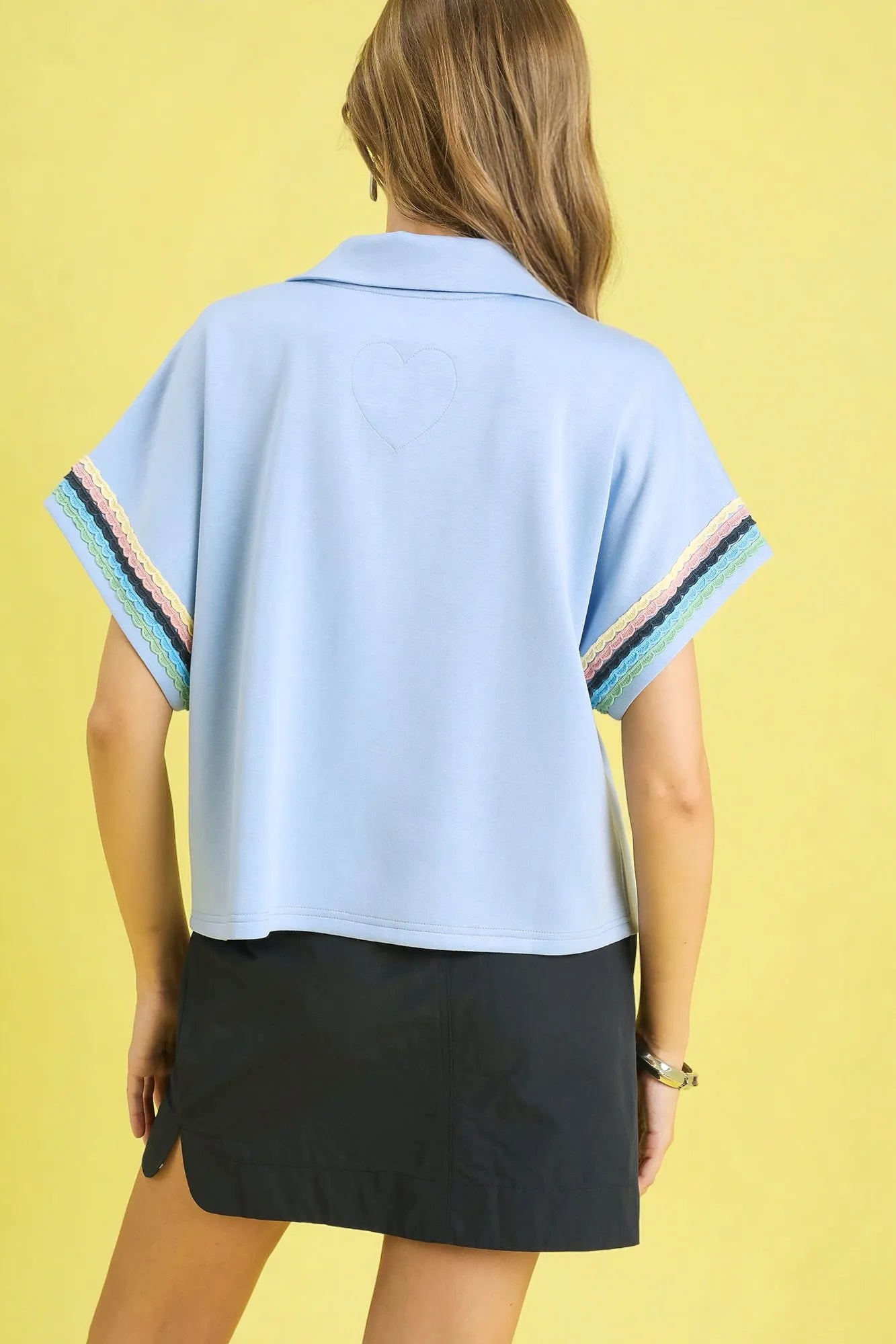 Umgee Blouse Ice Blue Contrast Trim Half Zip Collared Short Sleeve Top ba66fbbc-1641-41f2-98f9-baad8c04a430-Max-Origin Trendsi