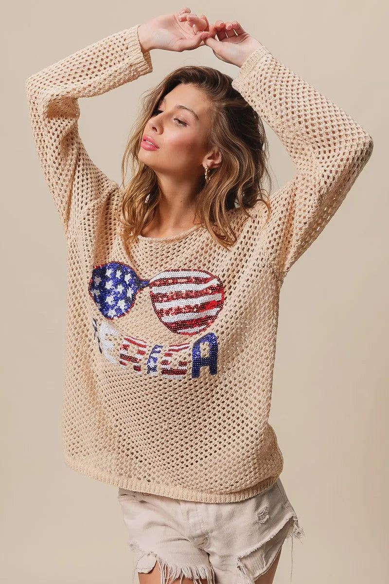 BiBi Knit Top Sequin American Flag Sunglasses Long Sleeve ba6a451e2a08419abdb265376224ee48-Max-Origin Trendsi