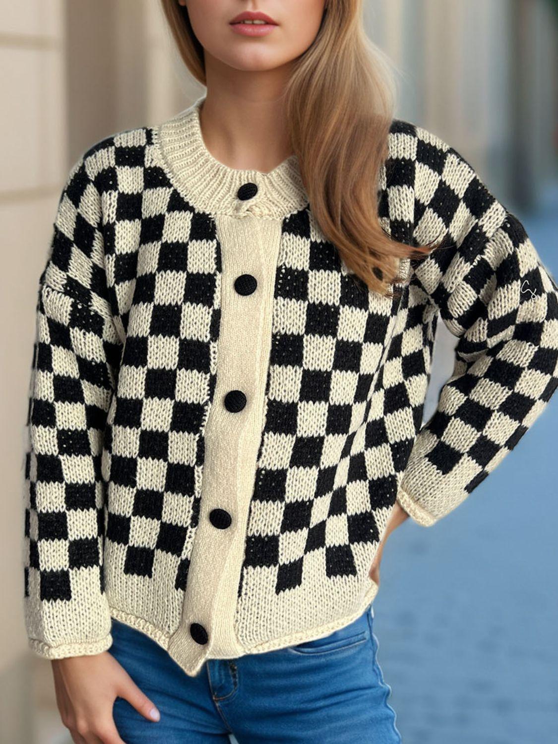 Checkered Cardigan Oversized Women Single Breasted Round Neck Soft One Size