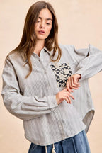 BiBi Womens Gray Stripe Shirt Black Flower Jacquard Knit Patch Pocket Top ba7a2902cd0344b8a75d3fcd7533268f-Max-Origin Trendsi