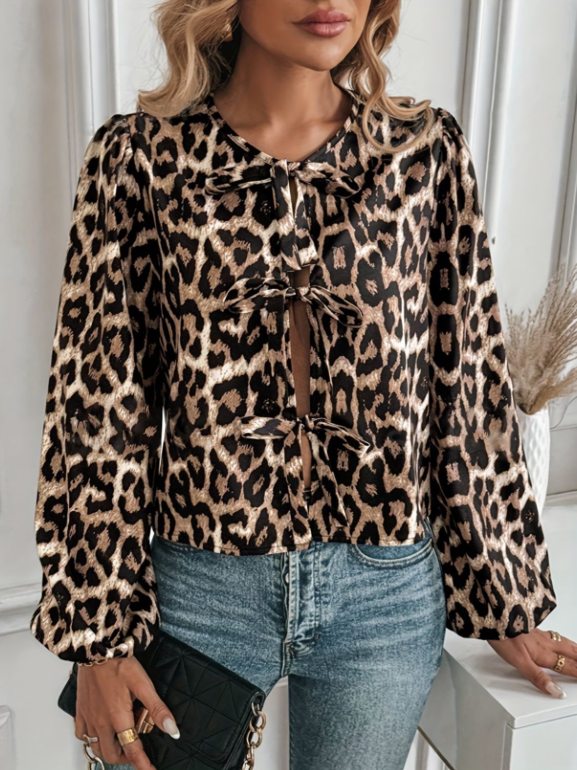 Leopard Women Blouse Bow Tied Front Round Neck Long Sleeve Top