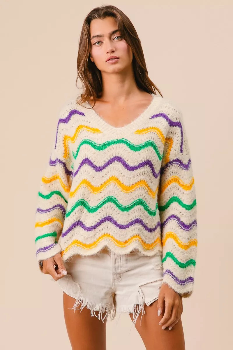 BiBi Womens Sweater Mardi Gras Wavy Stripes V-Neck Open Knit Pullover ba821cd209a54655ac797c1b5e6e7cc8-Max-Origin Trendsi