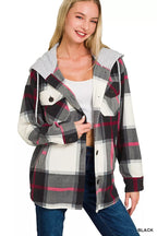 Zenana Womens Plaid Fleece Shacket Black Drawstring Hood Long Sleeve ba85379fed4b440cb0814a91aa37de88-Max-Origin Trendsi