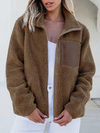 Plush Women Jacket Zip Up Long Sleeve Zip Outer Pocket Collared Outwear Brown ba8589c7-3d70-4c03-9df7-a3b6a6dad42f-Max Trendsi