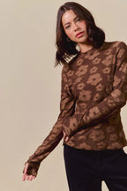 SO ME Womens Blouse Brown Floral Jacquard Casual Tops Stretched ba85cf7e03454cae8b6c17c938832fee-Max-Origin Trendsi