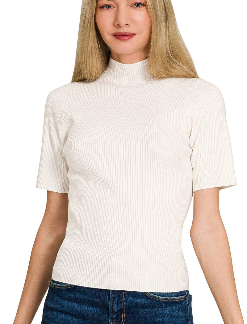 Zenana Ribbed Viscose Mock Neck Sweater with Short Sleeves in Ivory