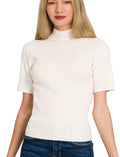 Zenana Ribbed Viscose Mock Neck Sweater with Short Sleeves in Ivory