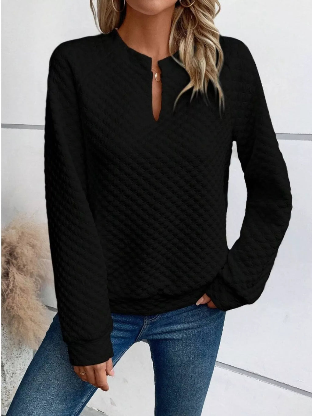 Women's Sweatshirt Textured Notched Raglan Long Sleeve Top ba91442264694393b6586f6686bc9347-Max-Origin Trendsi